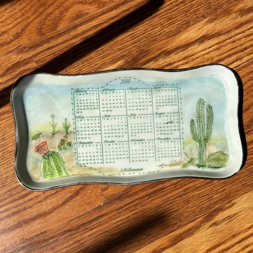 Y2K millennium year 2000 calendar cactus gold rim painted ceramic jewelry dish